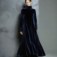 Women's Elegant Navy Blue Velvet High-neck Long-sleeved Loose-fitting Maxi Dress MDZ1680A8AN
