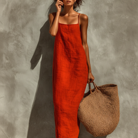Women's Red Cotton Dress With Spaghetti Straps & Square Neck, Timeless Boho-Resort Style Dress MDZ0924C3I