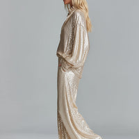 Women's Gold Glamorous Sequin Collared Half - Zip Wide - Leg Loungewear Party Set MDA2425I0I