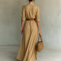 Ladies Lapel Single Breasted Long Sleeve Belted Maxi Dress MDA1500G4Y
