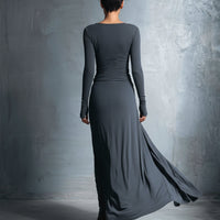 Women's Gray Exquisite Stretch Blended Fabric Wrap Dress - Knotted Maxi Dress MDA1401H9I