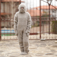 Beige Mohair Catsuit – Hand-Knitted Fluffy Full Set with Balaclava, Mittens and Socks T1375