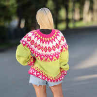 Icelandic Alpaca Merino Sweater, Hand Knitted Neon Mohair Blend Pullover T1450