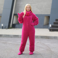 Hand-Knitted Pink Alpaca Catsuit – Fluffy Bodysuit with Mittens & Socks T1493