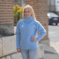Fluffy Blue Alpaca Sweater for Women, Hand-Knitted Soft Fuzzy Lightweight Turtleneck Pullover T1862