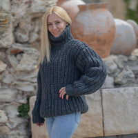 Super Chunky Gray Alpaca Sweater – Hand Knitted 12 Strand Turtleneck in English Rib T1864