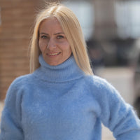 Fluffy Blue Alpaca Sweater for Women, Hand-Knitted Soft Fuzzy Lightweight Turtleneck Pullover T1862