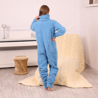Blue Alpaca Merino Catsuit – Hand-Knitted Fluffy Bodysuit with 50 cm Turtleneck T1988