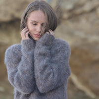 Hand Knitted Brushed kid Mohair Alpaca Sweater, Extra Fluffy Turtleneck Pullover in T1946