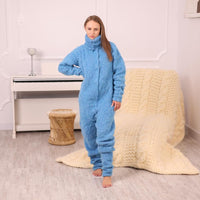 Blue Alpaca Merino Catsuit – Hand-Knitted Fluffy Bodysuit with 50 cm Turtleneck T1988