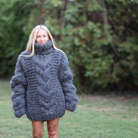 20-Strand Thick Mohair Sweater – Hand-Knitted Blue Chunky Cable Knit Jumper T1461