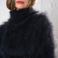 Fluffy Black Mohair Turtleneck sweater, Soft sensual winter jumper with T neck T984