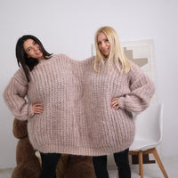 Mohair Sweater for Two – Double Neck Oversized Knit – Hand-Knitted 3-Strand Fluffy Pullover T1844