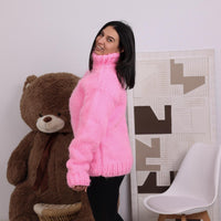Chunky Pink Alpaca Sweater, 20-Strand Hand Knitted Turtleneck T1830