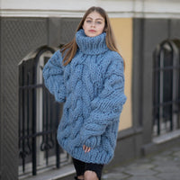 5-Strand Thick Blue Wool Sweater – Huge Hand-Knitted Chunky Oversized Pullover T1027