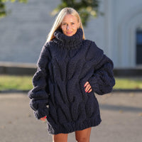 5-Strand Thick Denim Blue Wool Sweater – Massive Cable Knit Woolen Pullover T1447