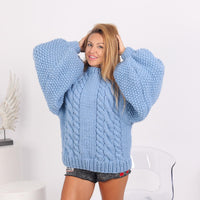 Blue Wool Sweater with Extra Wide Sleeves, Hand Knitted Chunky Wool Jumper T1726