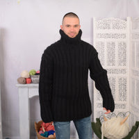 Black Ribbed Wool Sweater – Hand-Knitted Chunky Oversized Turtleneck for Men T711M