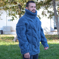 Blue Pure Wool Sweater – Mega Thick Hand-Knitted Cable Knit Turtleneck Pullover T660M