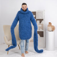 Oversized Blue Mohair Sweater – 6-Strand Hand-Knitted Wool Blend Jumper with Extra Long Sleeves T1672