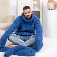 Oversized Blue Mohair Sweater – 6-Strand Hand-Knitted Wool Blend Jumper with Extra Long Sleeves T1672