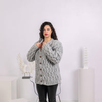 Extra Chunky Gray Cardigan – 10-Strand Hand Knitted Alpaca Merino Wool Blend T1644