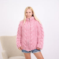 Chunky Pink Mohair Cardigan – 12-Strand Hand Knitted Zip Jacket T1897