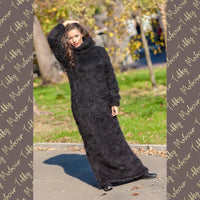 Black Mohair Sweater Dress, Hand Knitted Chunky Fluffy Turtleneck Maxi Dress T391