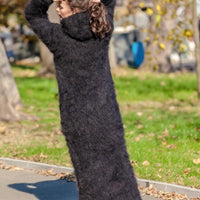 Black Mohair Sweater Dress, Hand Knitted Chunky Fluffy Turtleneck Maxi Dress T391