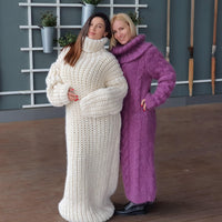 Extra Chunky Wool Sweater Dress, Hand Knitted English Rib Turtleneck Maxi Dress T934