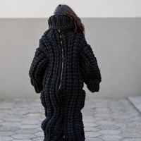 Wool Catsuit – 16-Strand Hand-Knitted Chunky 100% Wool Bodysuit with Turtleneck in English Rib – T1054