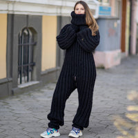 Wool Catsuit 100% – Hand-Knitted English Rib Full Body Suit with Extra Long Turtleneck – T1020