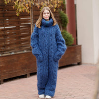 Blue Mohair Catsuit – Fluffy Hand-Knitted 5-Strand Full Body Suit – Soft Cozy One-Piece Knit – T1377