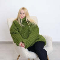 Green Merino Wool Sweater, Hand Knitted Super Chunky Giant Pullover T1521