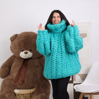 Merino Wool Sweater with 50 cm Turtleneck, Hand Knitted Chunky English Rib Pullover T1848
