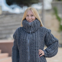 Chunky Wool Cardigan – Hand Knitted English Rib Zip Coat with 50 cm Turtleneck T1869