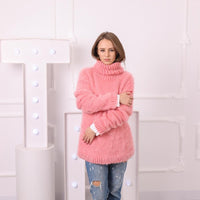 Pink Baby Suri Alpaca Sweater, Fluffy Merino Turtleneck, Hand Knitted Soft Wool Jumper T2044