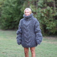 20-Strand Thick Mohair Sweater – Hand-Knitted Blue Chunky Cable Knit Jumper T1461