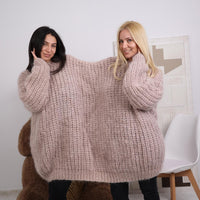 Mohair Sweater for Two – Double Neck Oversized Knit – Hand-Knitted 3-Strand Fluffy Pullover T1844