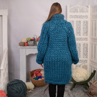 25-Strand Thick Mohair Sweater – Hand-Knitted Blue Chunky Cable Knit Jumper T699W