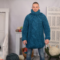 25-Strand Thick Mohair Sweater – Hand-Knitted Blue Chunky Cable Knit Jumper T699W