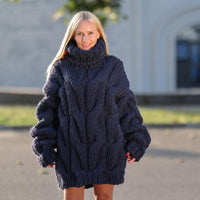 5-Strand Thick Denim Blue Wool Sweater – Massive Cable Knit Woolen Pullover T1447