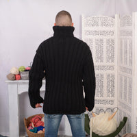 Black Ribbed Wool Sweater – Hand-Knitted Chunky Oversized Turtleneck for Men T711M