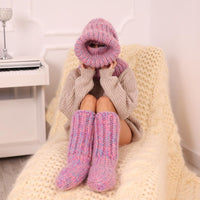 Pink Blue Mohair Wool Balaclava – Hand Knitted Chunky Ribbed Ski Hood T1967