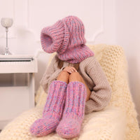 Pink Blue Mohair Wool Balaclava – Hand Knitted Chunky Ribbed Ski Hood T1967