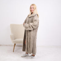 Chunky Cable Knit Cardigan – 100% Wool Hand Knitted Long Coat T1891