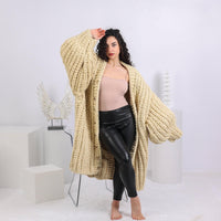 Cream Wool Cardigan – Hand Knitted Maxi Coat with Extra Wide Sleeves T1647