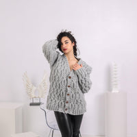 Extra Chunky Gray Cardigan – 10-Strand Hand Knitted Alpaca Merino Wool Blend T1644