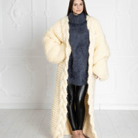 Cream Mohair Cardigan – Hand Knitted Long Oversized Chunky Coat T639W