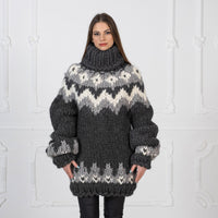 Super Chunky Nordic Wool Sweater, Hand Knitted Thick Icelandic Pullover T978